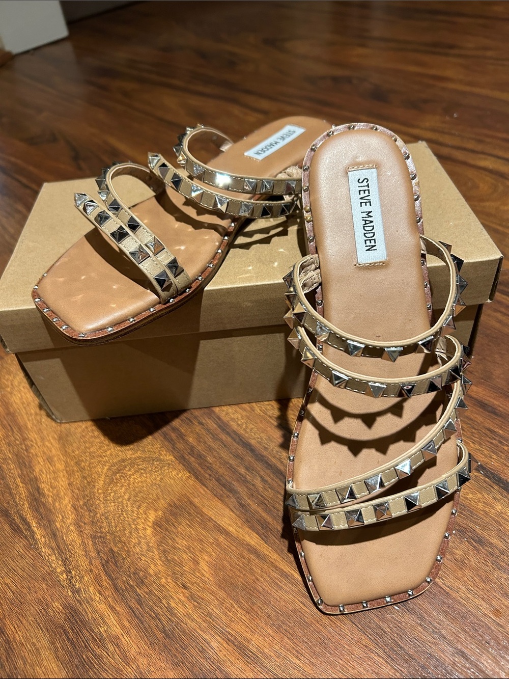 Steve Madden Tan Slide Sandals with Gold Studs - NWB